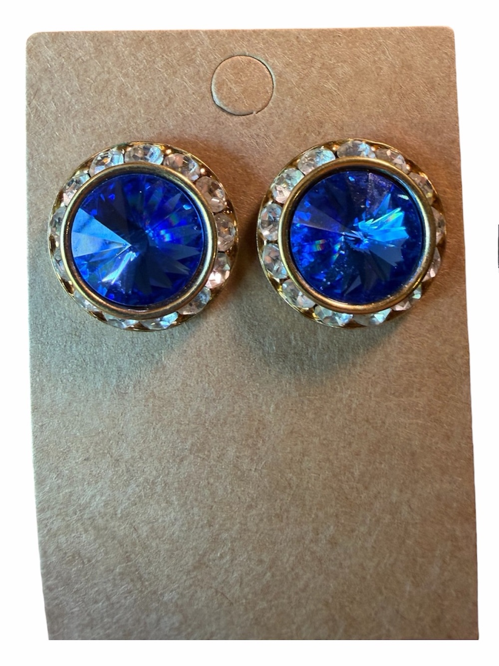 Vibrant Blue Crystal Halo Stud Earrings - Gold Tone